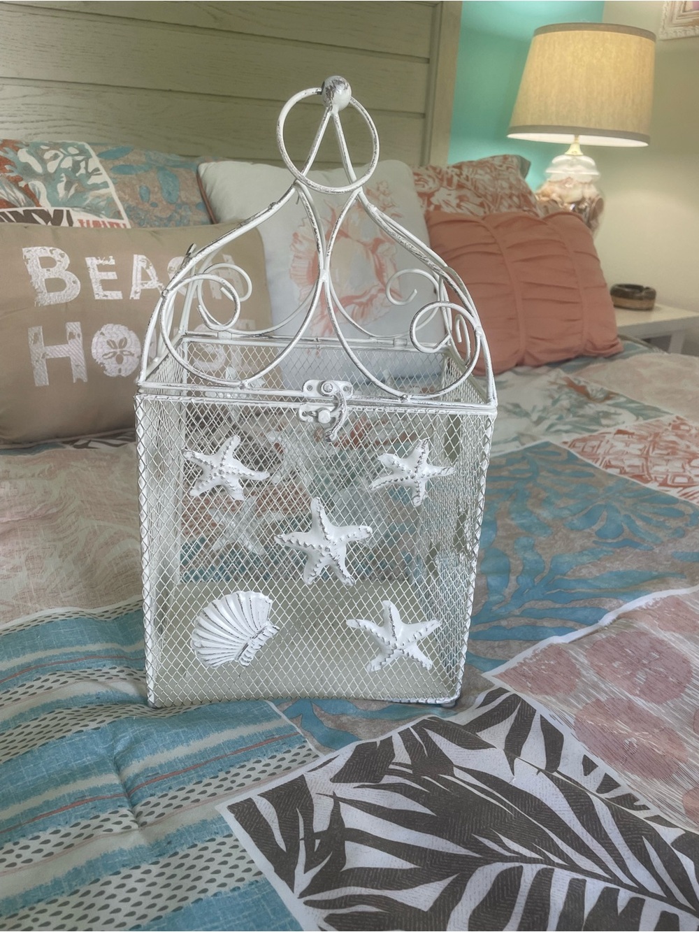 White Coastal Decorative Metal Box with Starfish & Shell Details